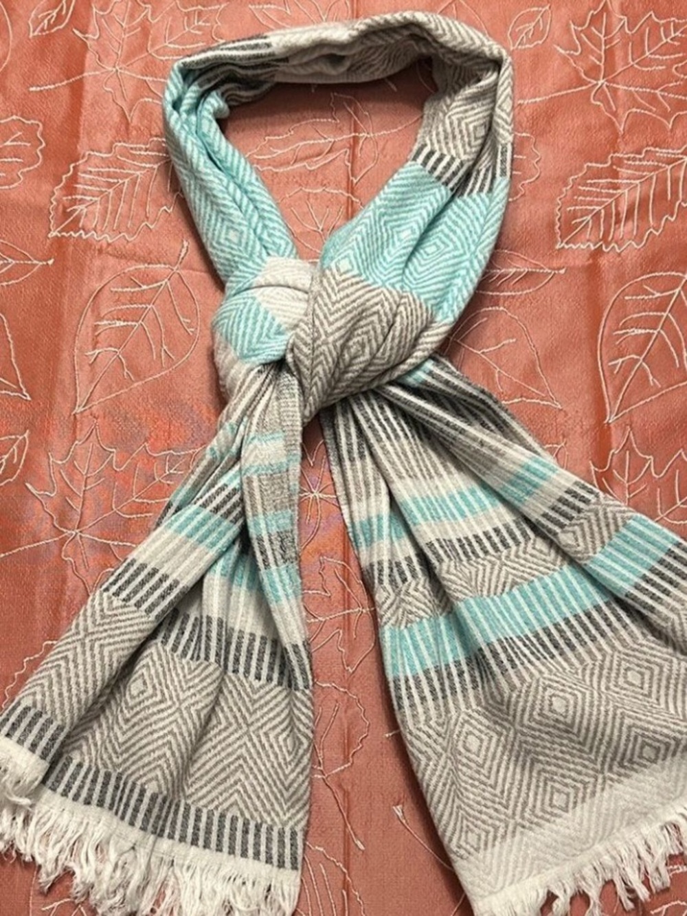 Organic Cotton Travel Wrap Scarf Gray Green Tan Loom Weave Soft New With Tags